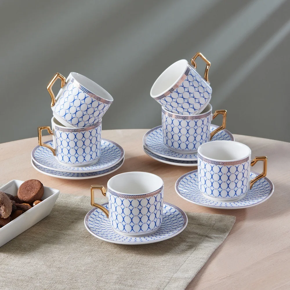 

Jolly Blue Gold Detailed Lux Cup Set, Turkish Coffee Cup Set Porcelian Cups Arabic Greek Coffee Set Espresso Latte Mug