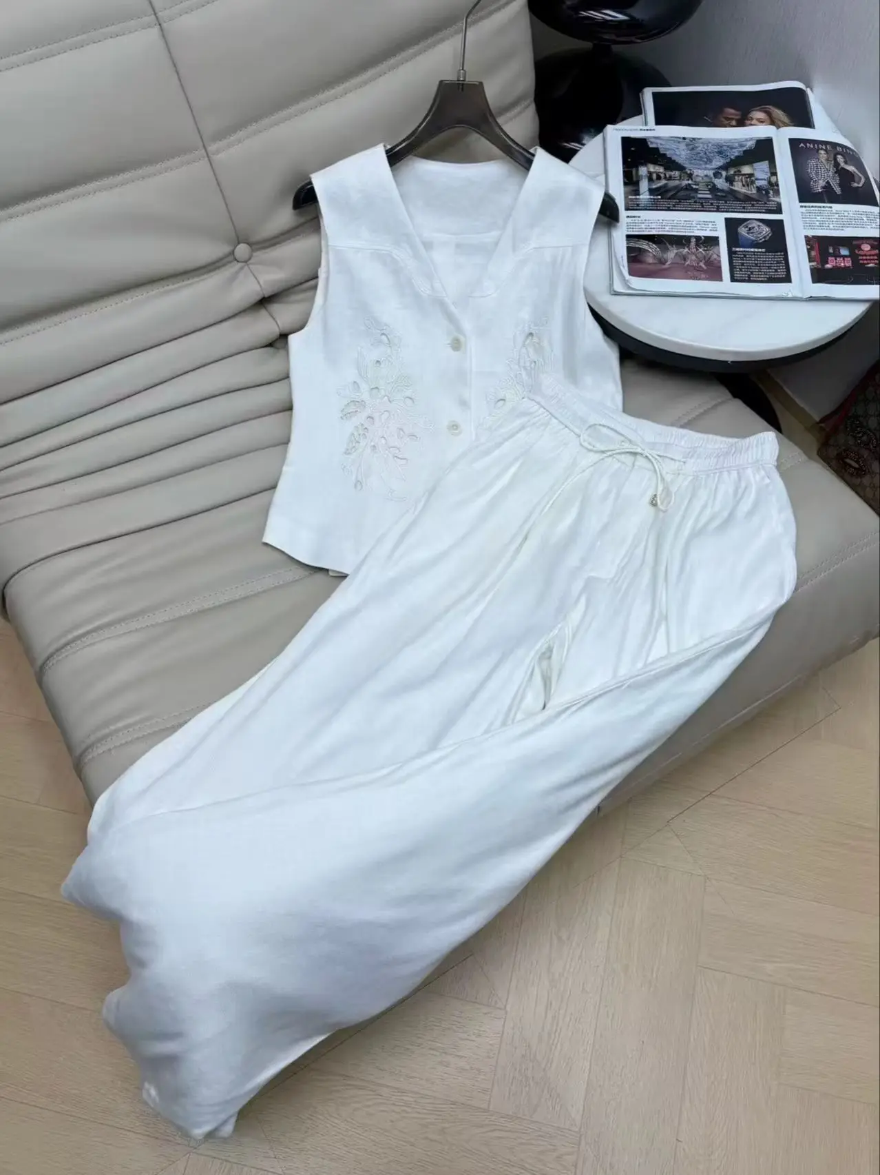 Elegant linen embroidered sleeveless vest and elastic waist wide leg trouser suit view 3