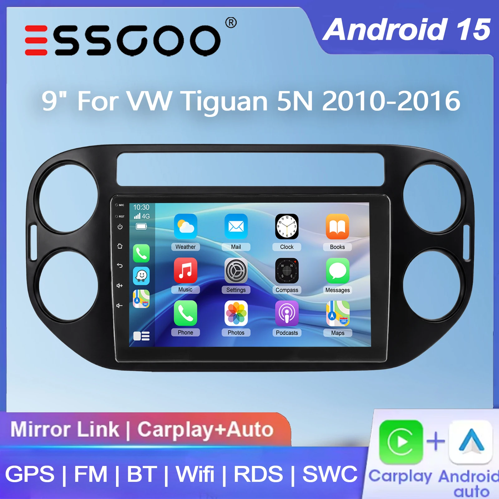 ESSGOO 9" Carplay Wireless Android Auto per VW Tiguan 5N 2010-2016 Autoradio Android 15 4+64G Navigazione GPS FM BT WiFi RDS SWC Mirror Link ASP Lettore Multimediale Video Unità Principale con Schermo