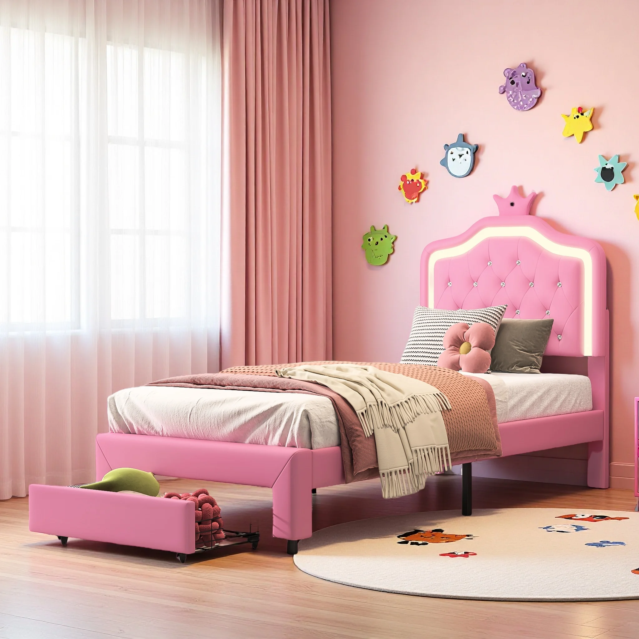 Rosahqnda Letto per bambini Struttura letto imbottita Testiera corona Armadio con cassetti Testiera regolabile Superficie in pelle