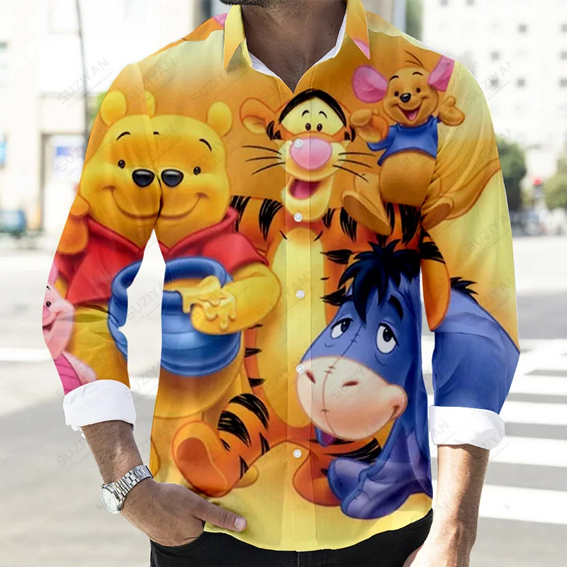 Fall Disney Cartoon Casual 3D Print Men\'s Long Sleeve Lapel Slim Fit Mickey Winnie the Pooh Brand Men\'s Top