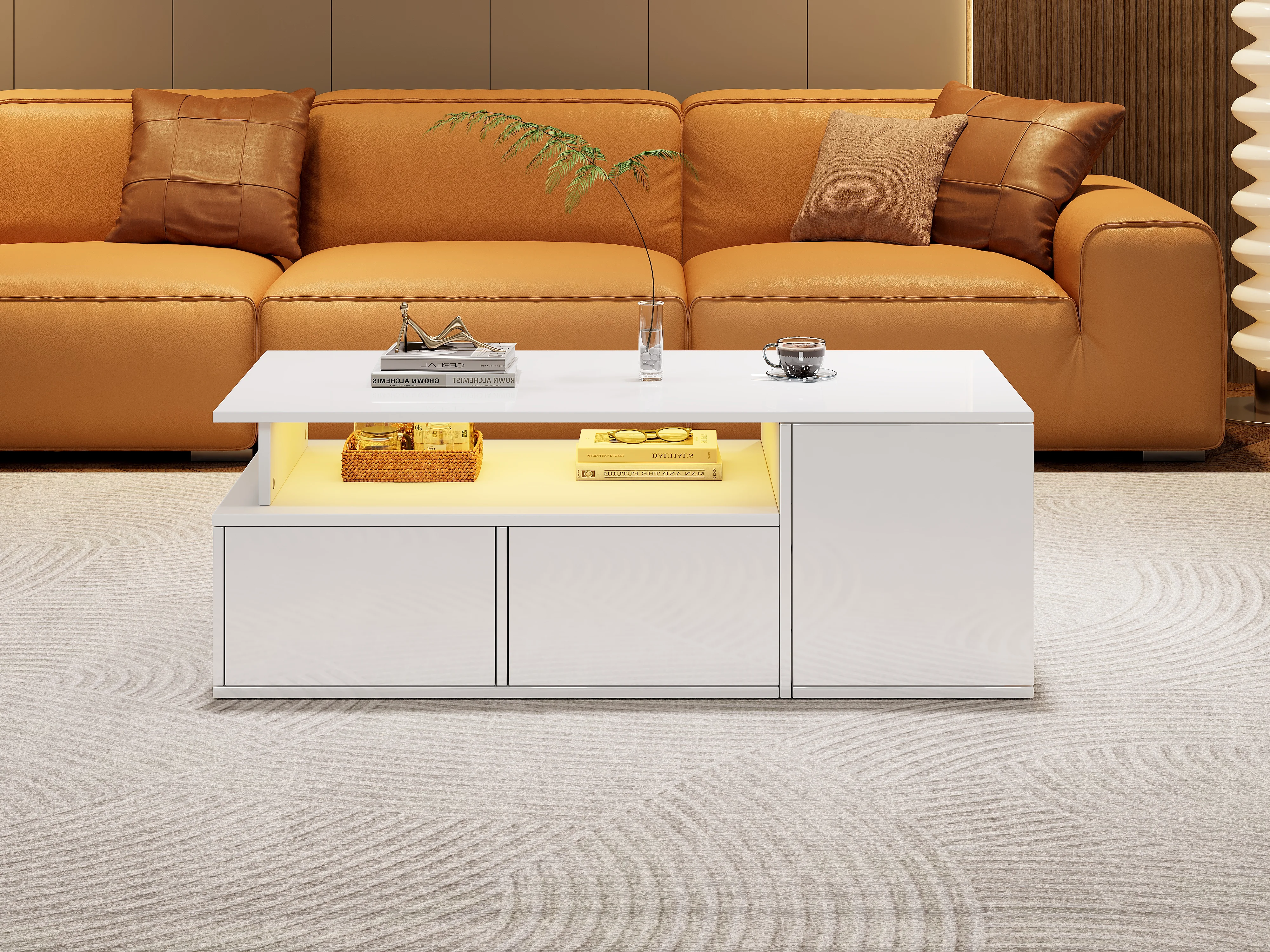 Weißer Couchtisch 100x50x35cm Couchtisch für Wohnzimmer, Hochglanz mit 2 Schubladen und offenen Ablageflächen, moderner Mitteltisch, 60kg Tragkraft