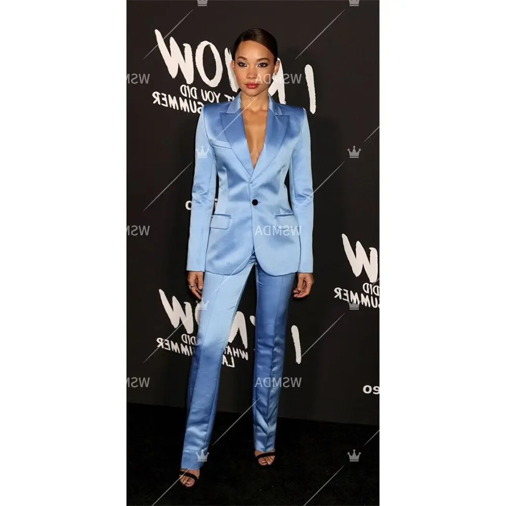 2023 Women Suits Fashion Peak Lapel One Button Satin Blazer Office Lady Formal Casual Slim Fit Pants Set 2 Piece Jacket Pants