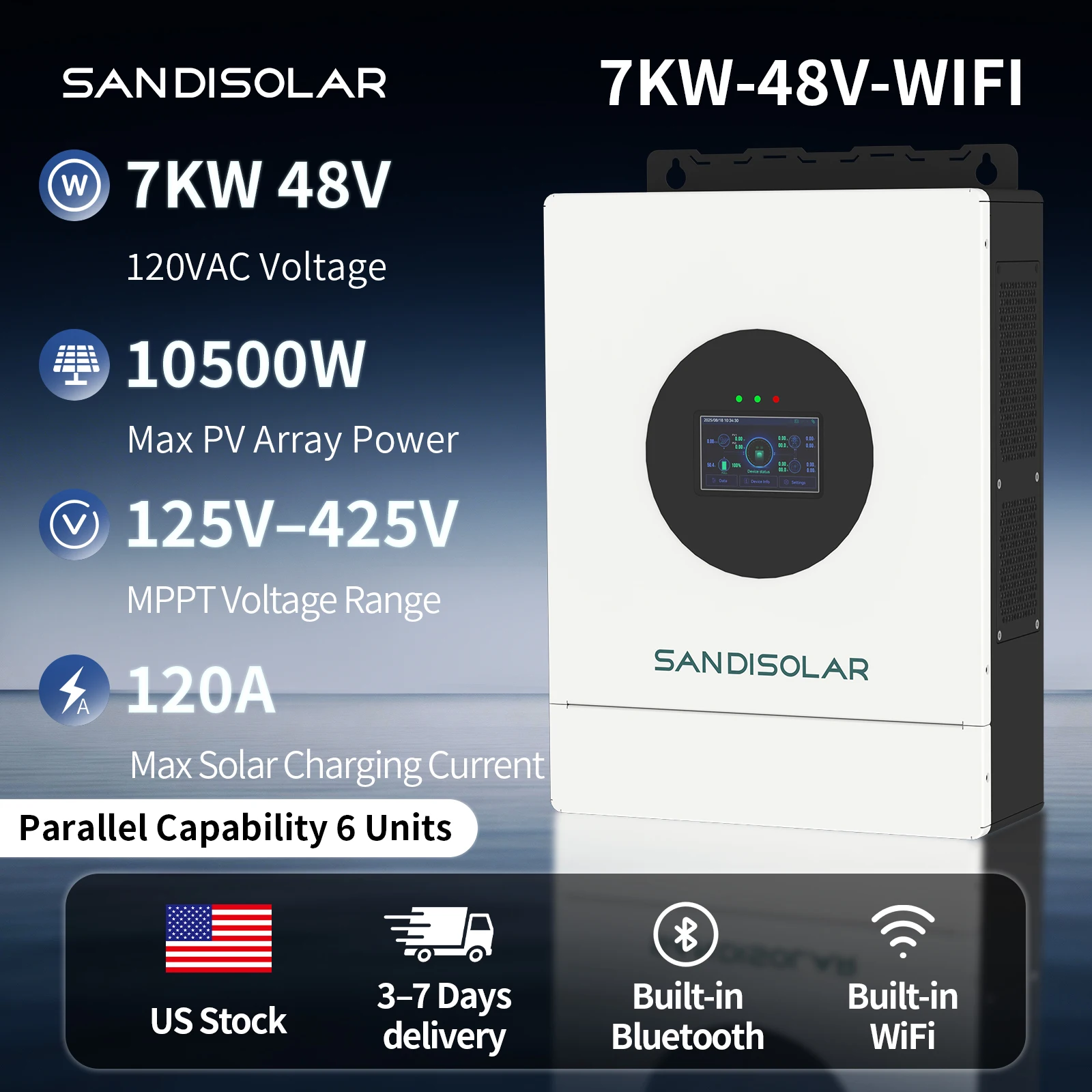 

SANDISOLAR 7KW 48V Hybrid Solar Inverter 220V Pure Sine Wave 120A MPPT Charge Controller On Off Grid Output Parallel