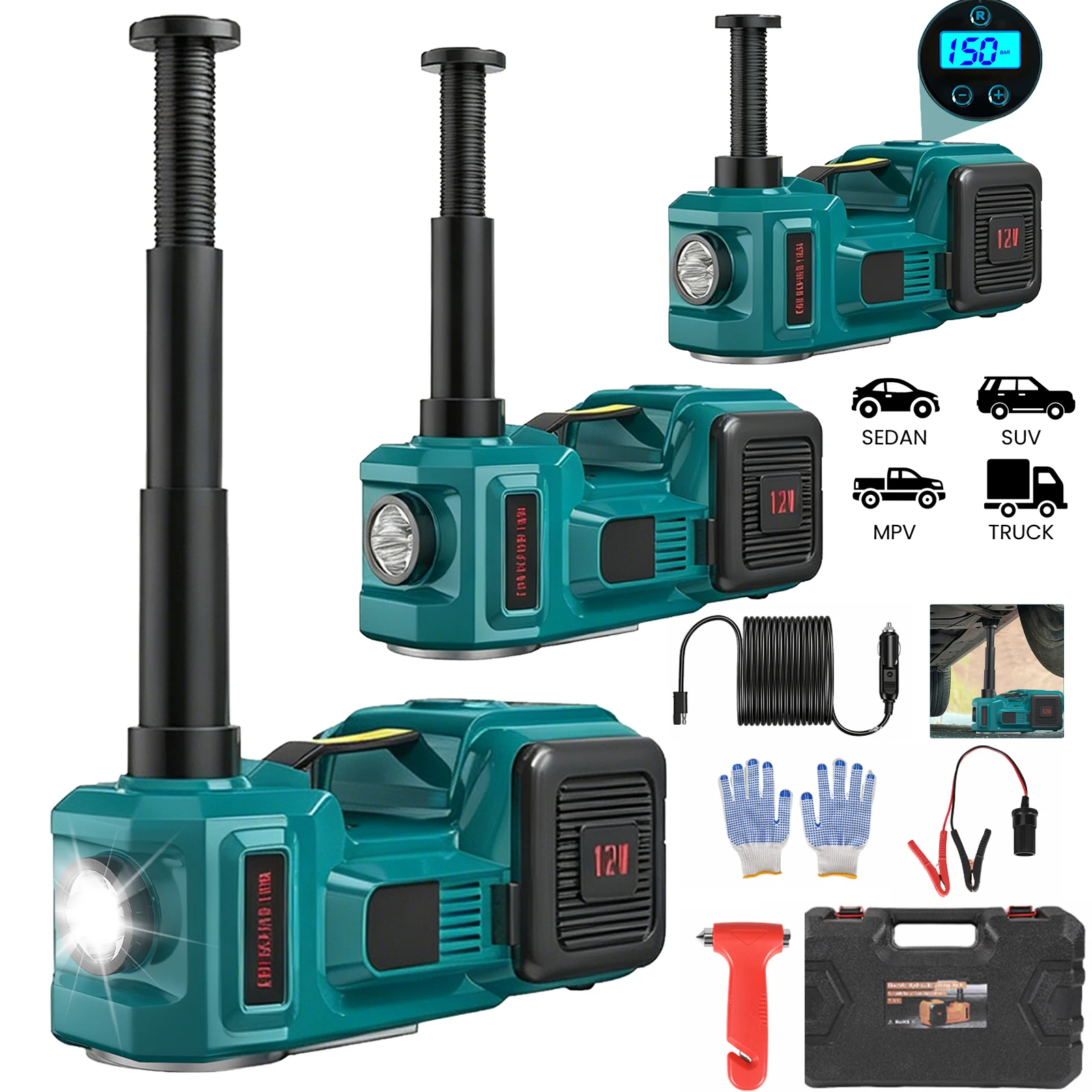 Cric électrique 1000W 150 PSI 5T avec lumière LED, outil de levage pour pneus de voiture, outil de réparation d'urgence