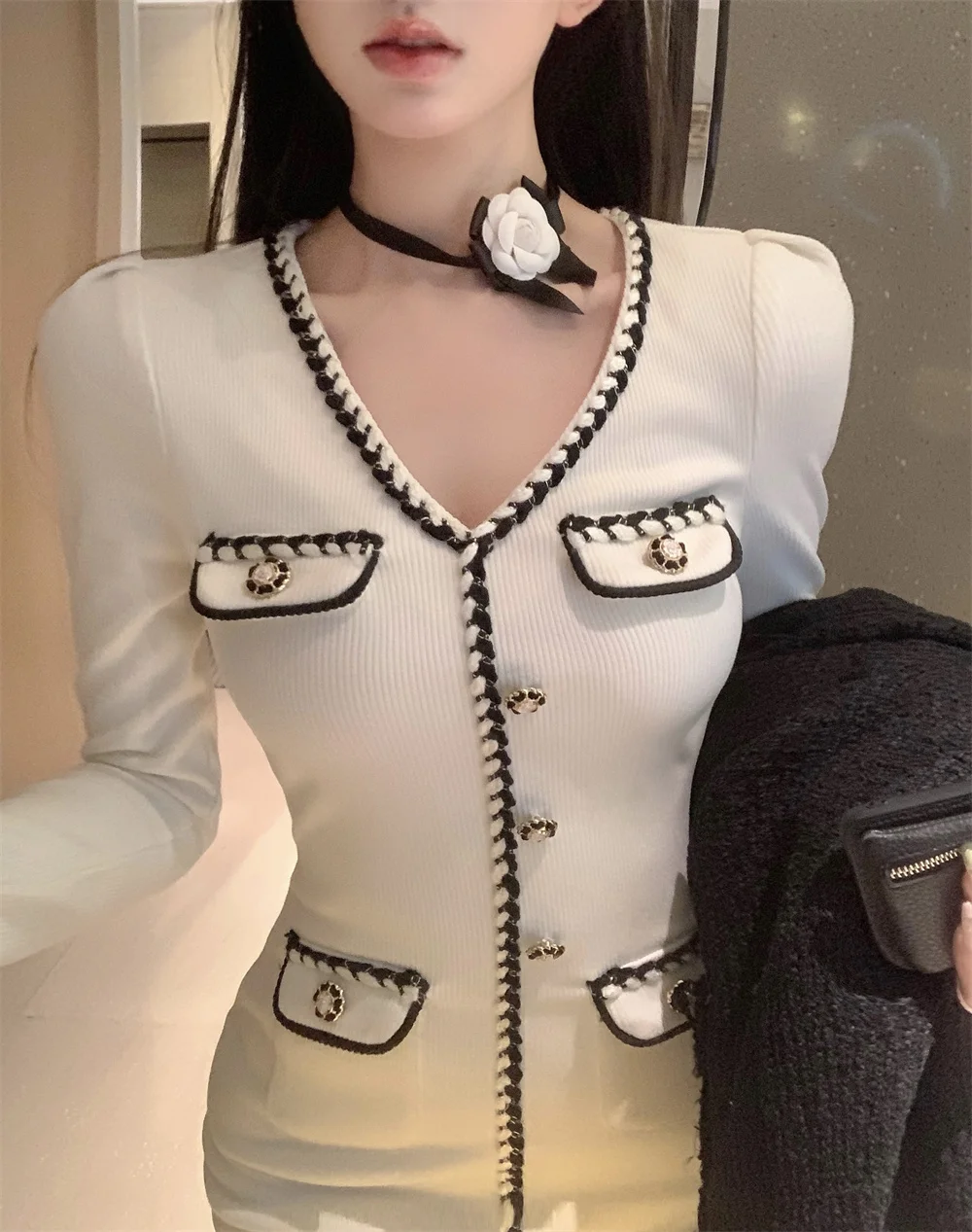 Abito Sexy Slim Fit a maniche lunghe con scollo a v francese autunnale da donna Vestidos