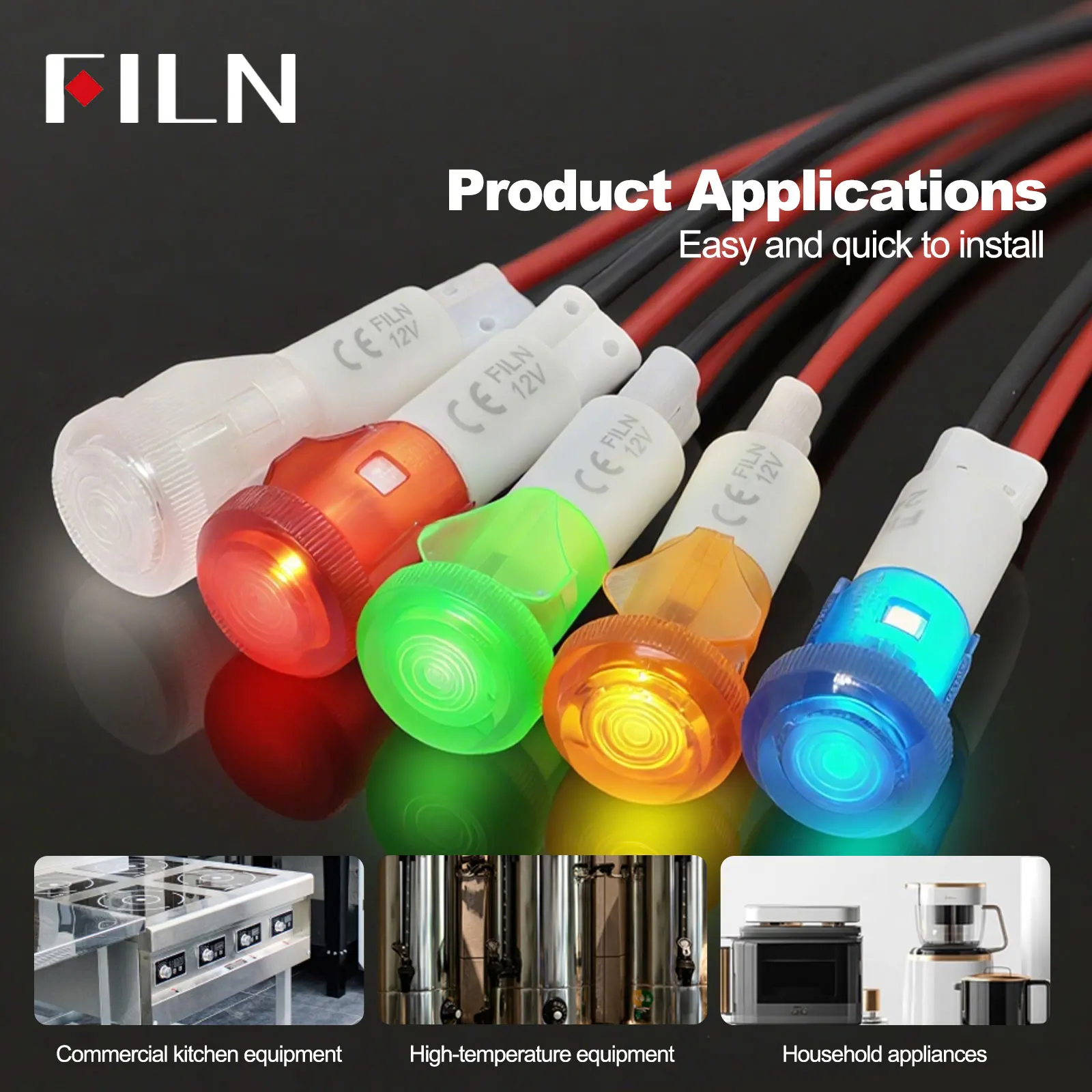 12mm panel hole red green yellow water heater plastic 12v indicator light with 20cm cable