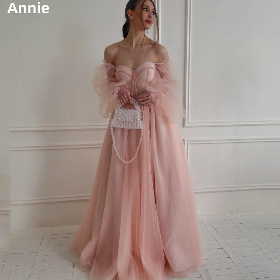 

Annie Puff платья для выпускного вечера с длинными рукавами Розовые тюлевые вечерние платья принцессы трапециевидной формы с открытыми плечами Свадебные платья