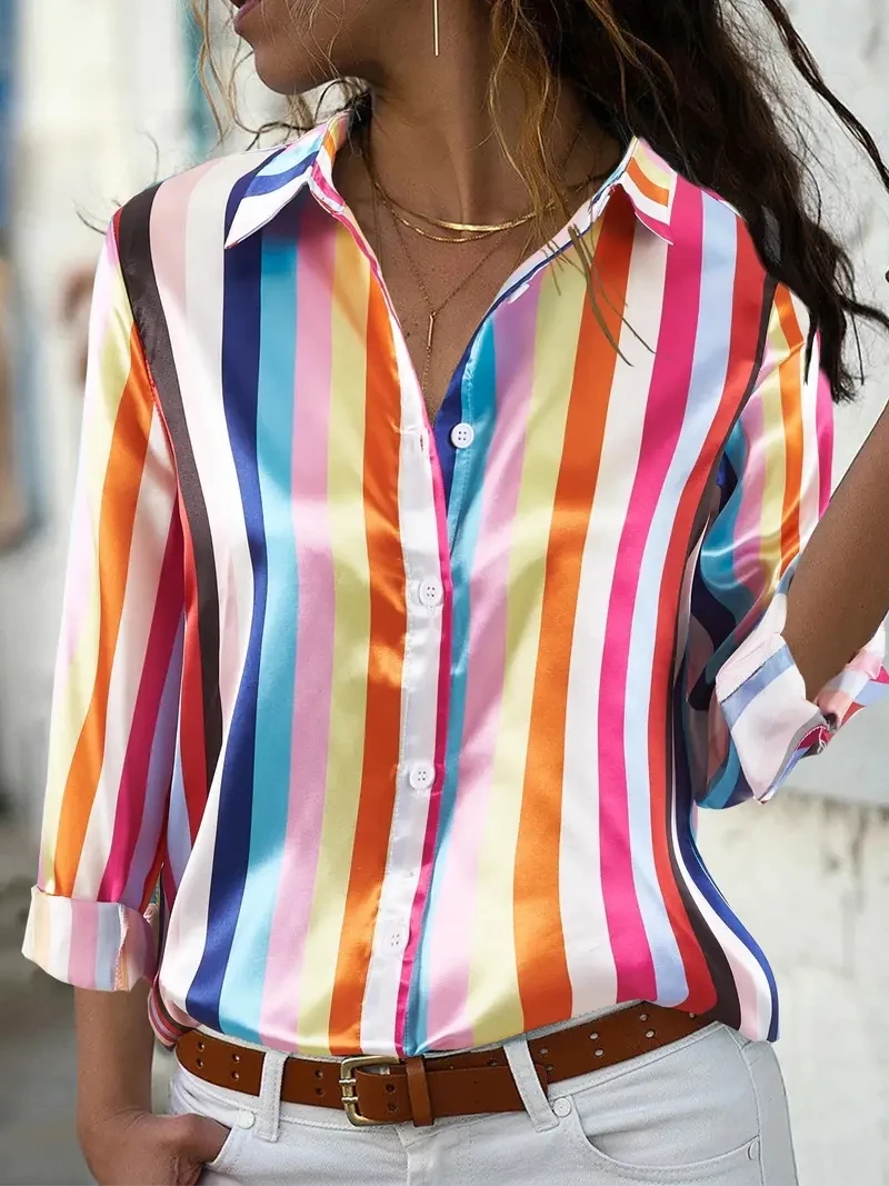 

Boho Lapel Long Sleeve Shirt,Striped Button Front Shirt,2024 Spring & Summer Women's Clothing Fashion Blouse Tops