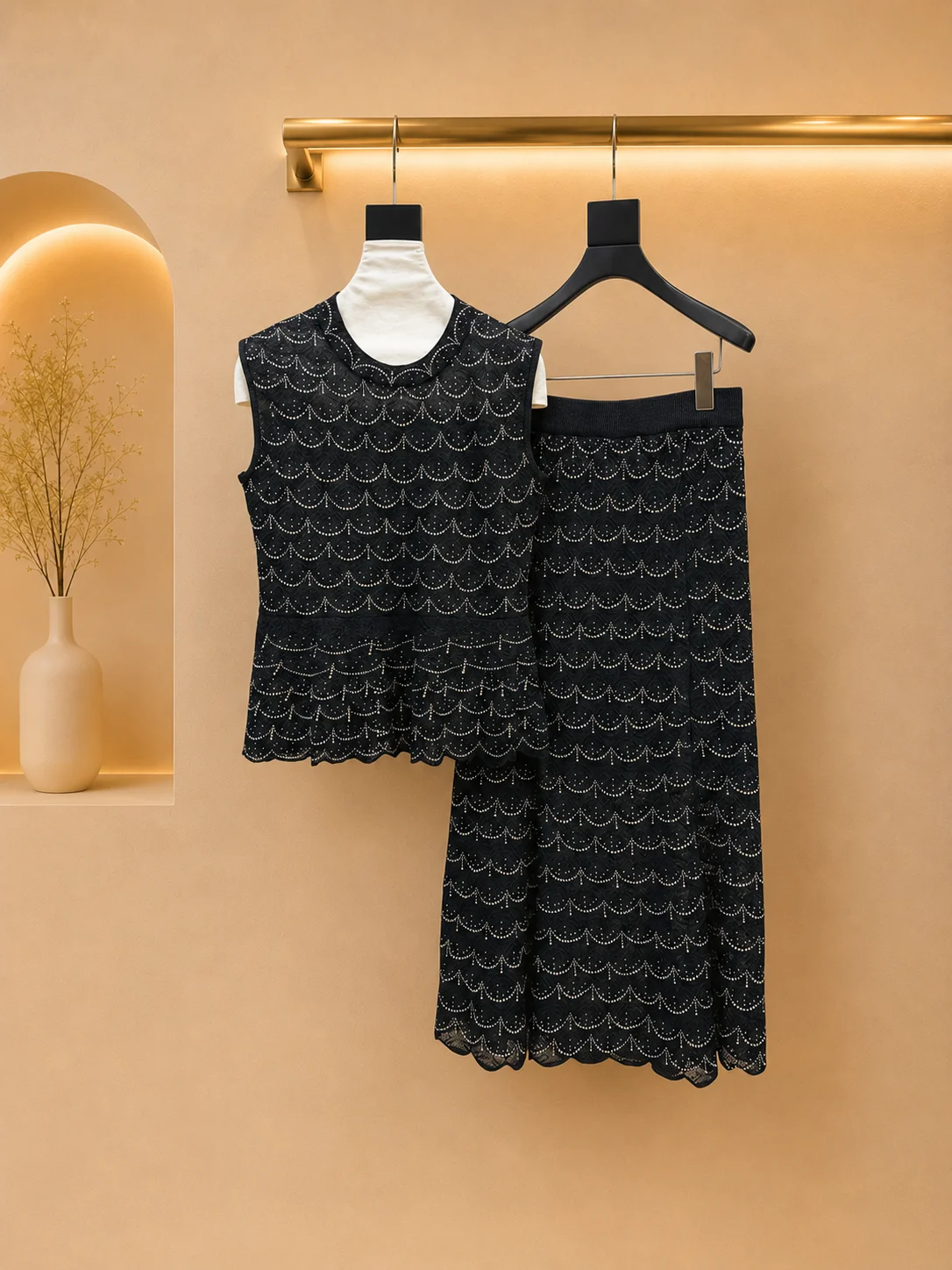 

2026 Women Two Piece Skirt Set Black Premium Lightweight Openwork Knit Refined Peplum Hem High Waist Elegant Midi Co Ord Outfit
