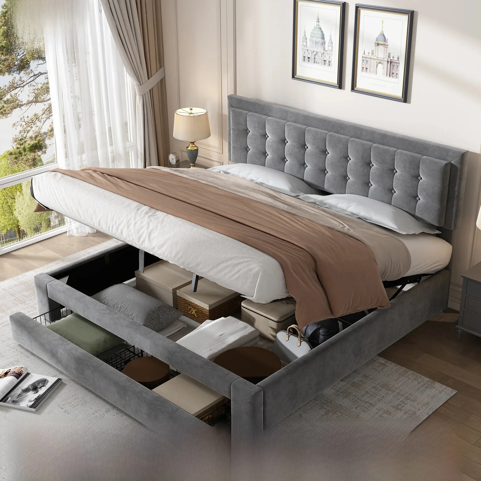 Super King Upholstered Bed, Large Storage Space, Velvet Fabric, Slatted Frame & Headboard, Grey
