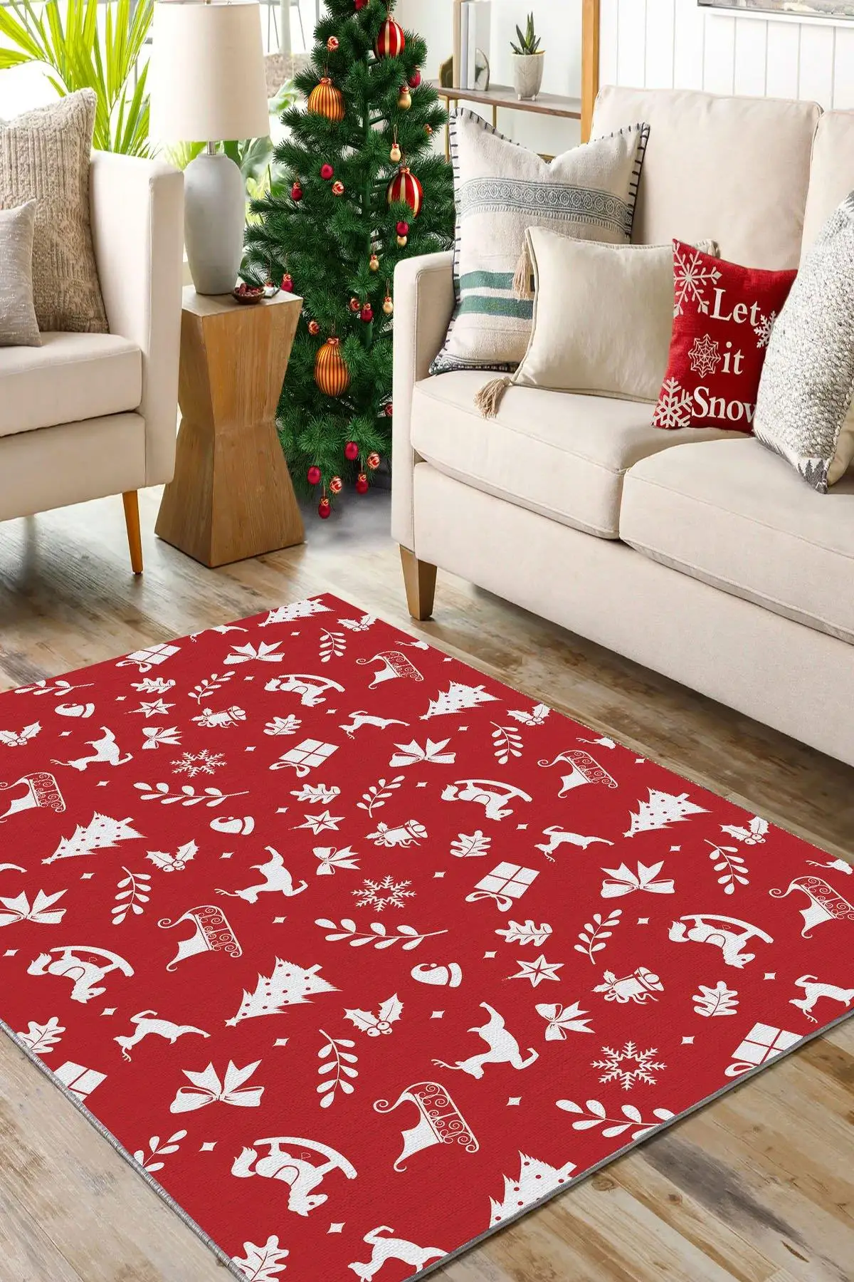 Noel Concept Decorative Carpet, Christmas Themed Cotton Rug