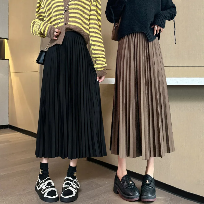 

Maternity Long Skirt Pregnant Women Pleated Skirt Mid-Calf Elastic A-Line Dress Loose High Waist Belly Dress Maternity Clothing