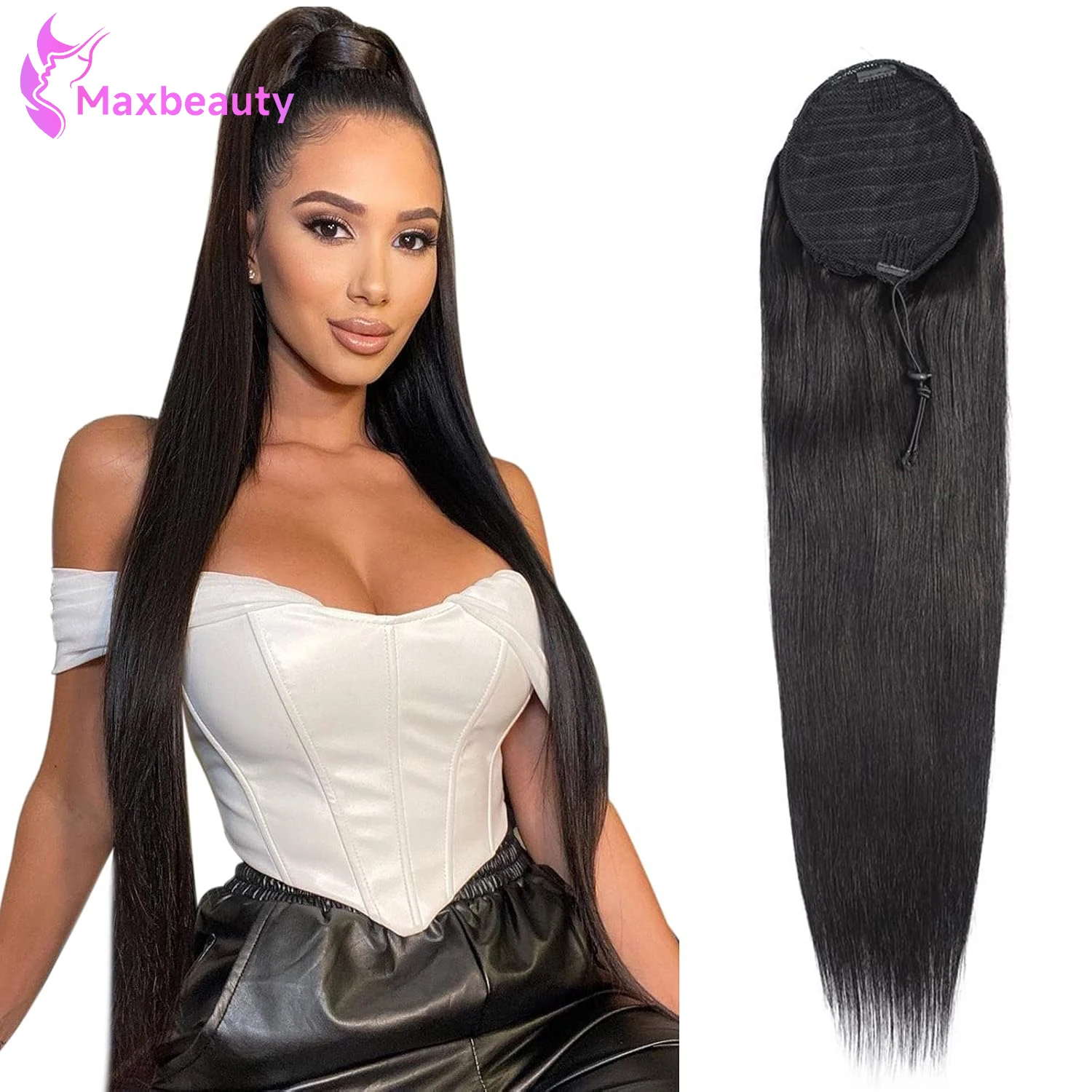 مستقيم الرباط ذيل حصان للنساء 14-26 بوصة مستقيم ذيل حصان البرازيلي شعر بشري لعذراء ملحقات كليب في ذيل حصان