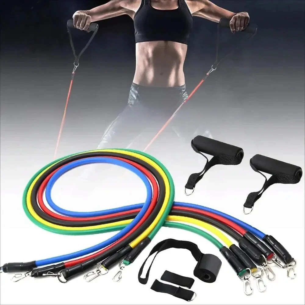 Corde côtelée portable, équipement de fitness, extenseur de poitrine, bande d'exercice élastique, sangle de rinçage, 11 pièces par ensemble
