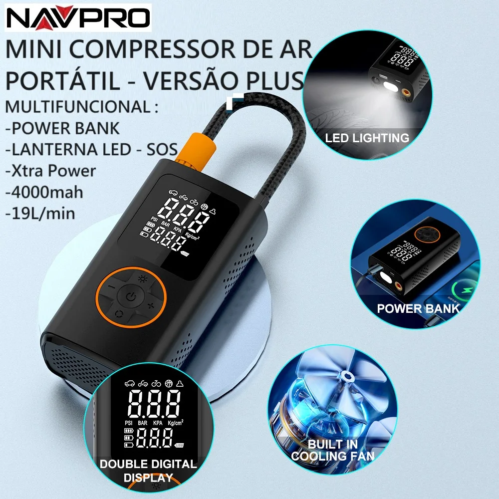 

MINI PORTATIL MULTIFUNCTIONAL AIR COMPRESSOR-POWER BANK - LANTERNA LED - SOS - EXTRA POWER 19L/MIN-NEW VERSION