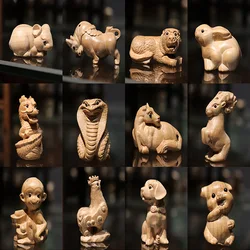 Chinese Peach Wood Carving Pendant Twelve Zodiac Animals OX Rabbit Diy KeyChain Exquisite Pendant 3D Carved Sheep Dragon Tiger