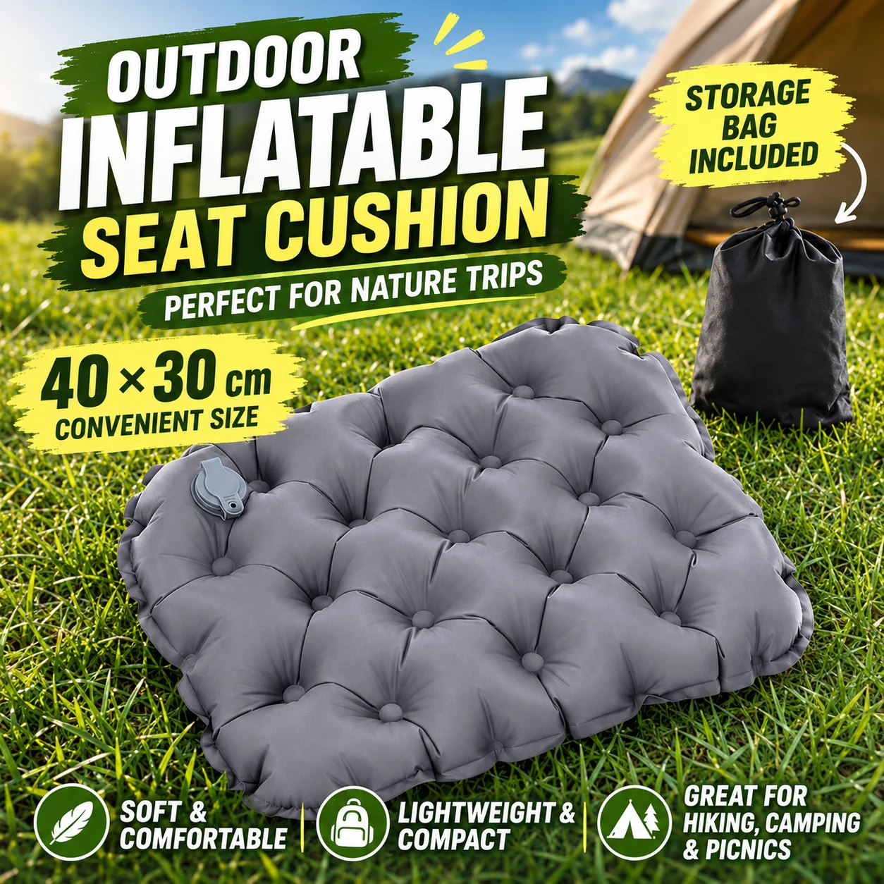1PC Inflatable Seat Pad Lightweight Water Resistant Tufted Cushion for Camping Hiking Picnic Garden Stadium Chair Outdoor Use