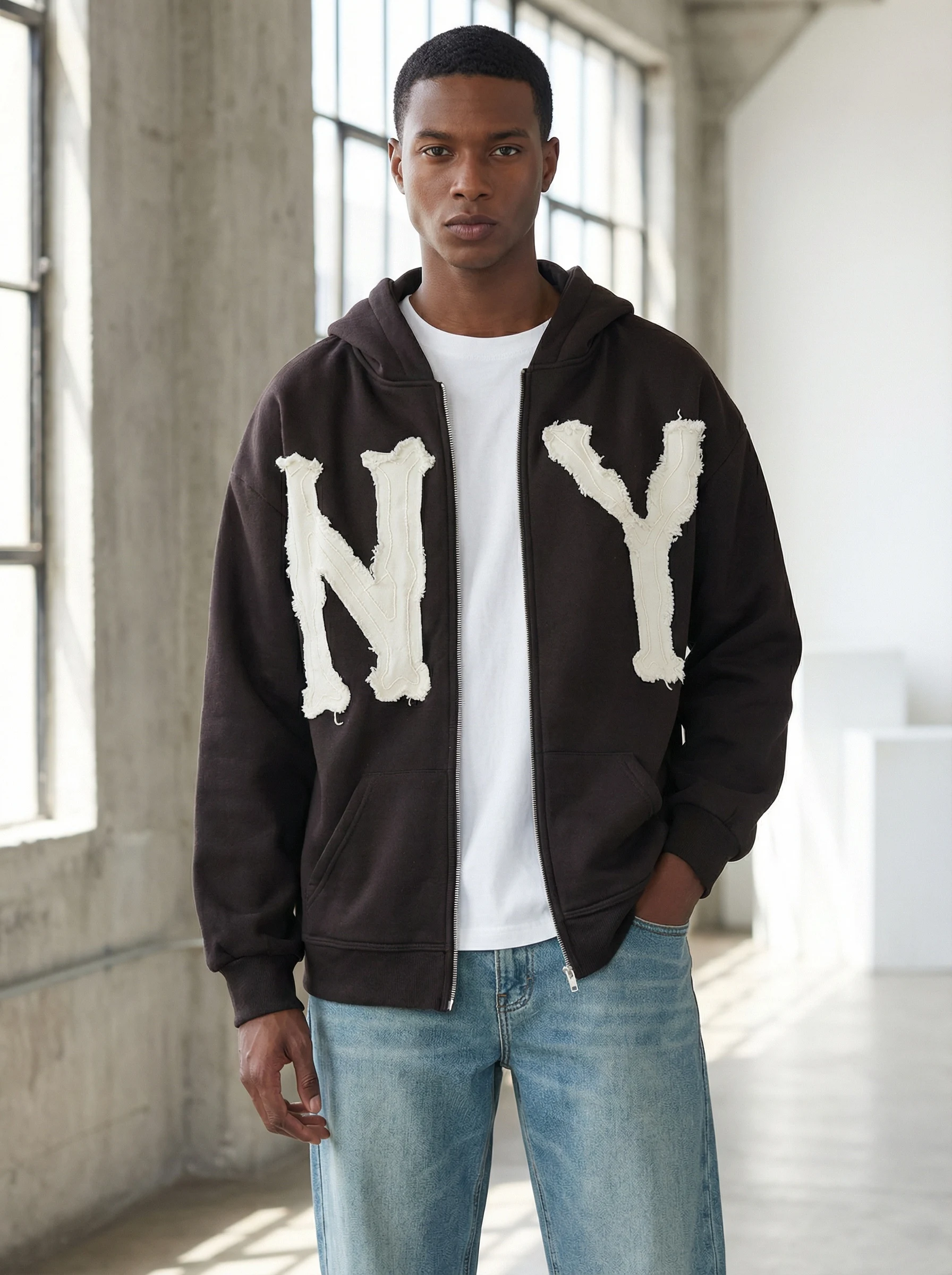 Unisex Vintage Distressed Raw Edge NY Patchwork Zip Hoodie, Oversized Loose Fit Full-Zip Hooded Sweatshirt Jacket with Front Kangaroo Pocket for Daily Street Wear