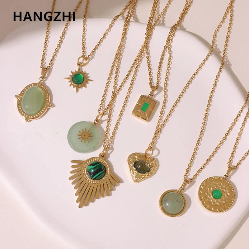 HangZhi Natural Stone Stainless Steel Pendant Chain Necklace for Women Geometric Sun Necklace Men Wedding Jewelry Gift