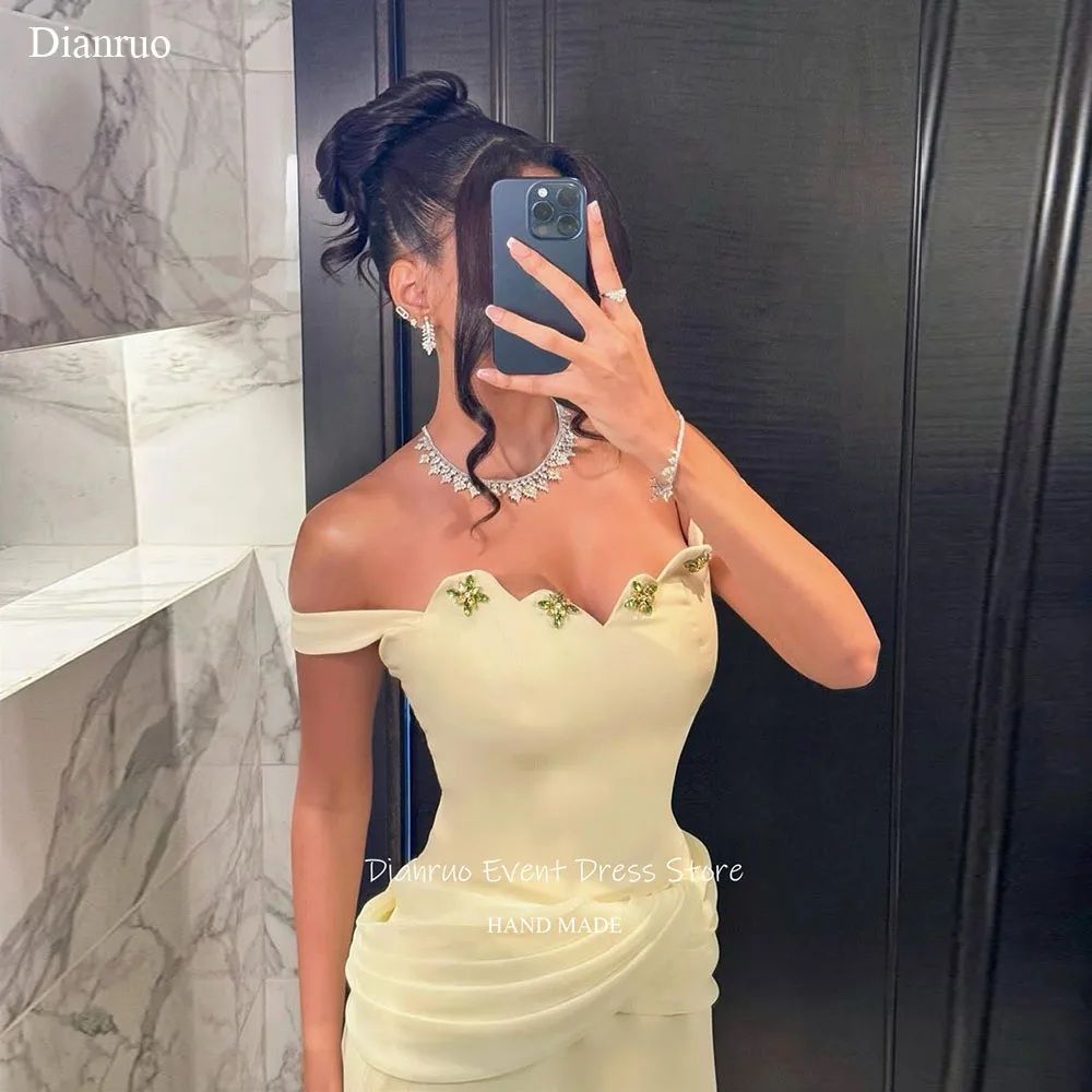 

Dianruo Sweetheart Off The Shoulder Evening Dress Yellow Satin Arabia Guest Dresses Chic Crystal Abendkleider Dubai Customized