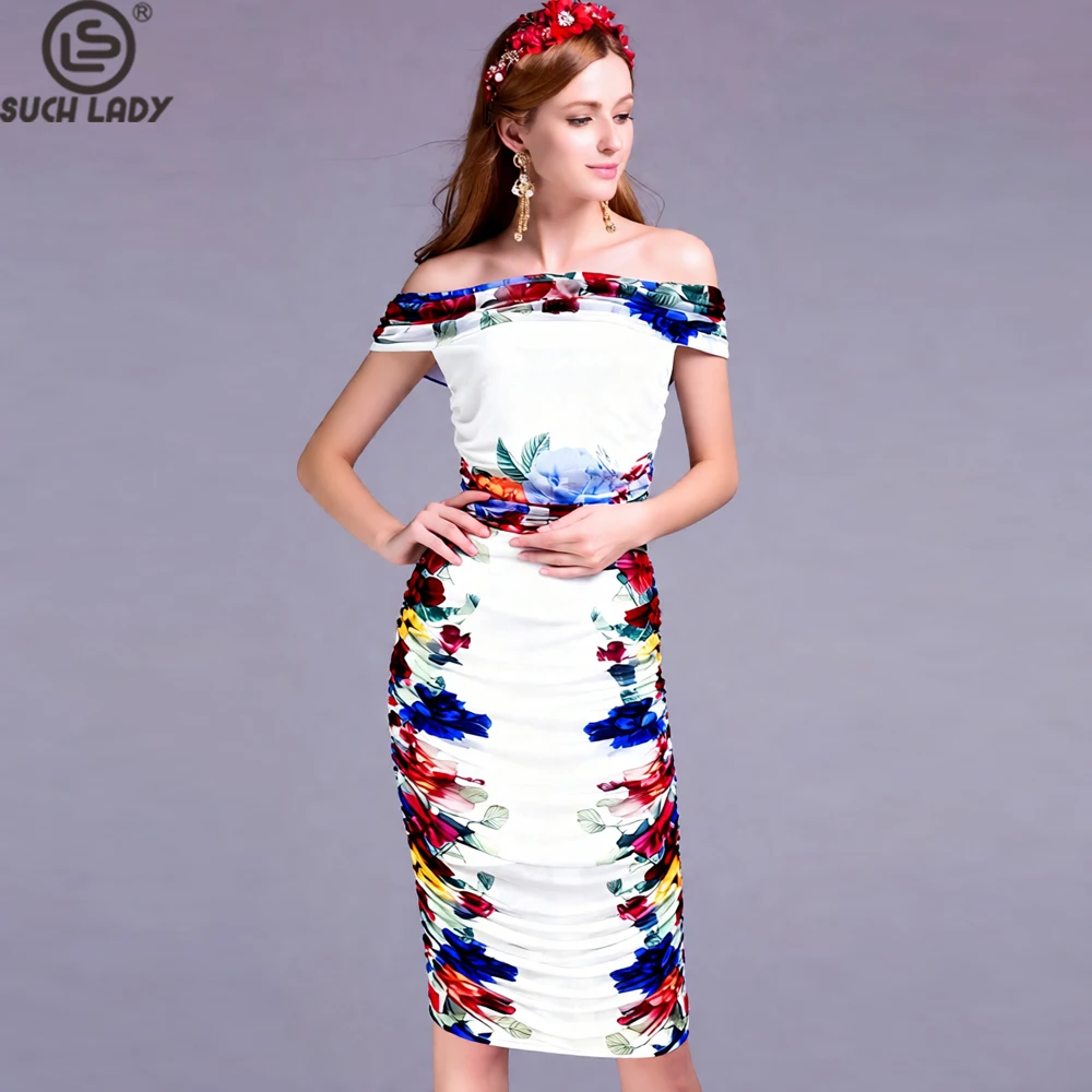Women's 2 Pieces Floral Print Off Shoulder Dress Ruched Bodycon Midi with Colorful Flower Pattern, Elegant Summer Party Vestidos