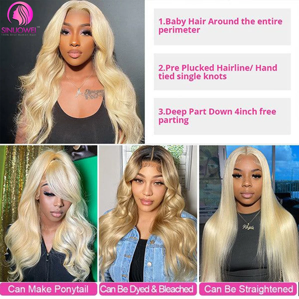 Perruque Lace Front Wig Body Wave brésilienne naturelle, cheveux humains, blond miel 613, 13x4, pre-plucked, avec baby hair, pour femmes