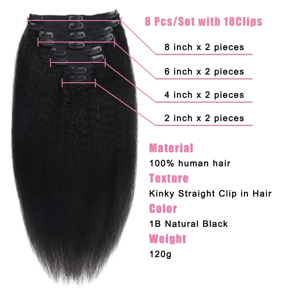 Kinky Straight Clip In Hair Extensions 8Pcs/Set 1B# Natural Black Hair Extensions Real Human Hairpiece For Women 10-26 Inches