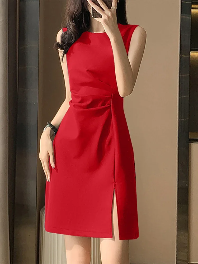 Elegancka mini sukienka ZANZEA na lato, damska, bez rękawów, z dekoltem typu O, modna sukienka na ramiączkach, drapowana krótka sukienka, do biura, z rozcięciem u dołu, sukienka na imprezę, vestidos. — zdjęcie 2