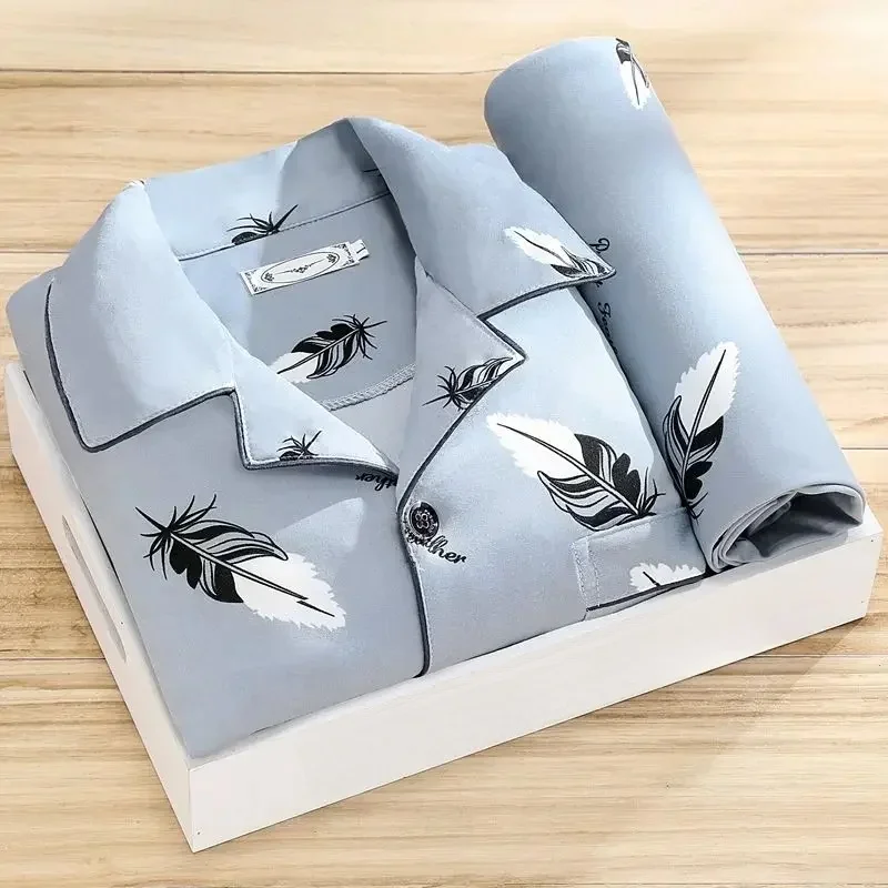 Duże rozmiary piżamy męskie z długimi rękawami jesienno-zimowa bielizna nocna Homewear 2 szt. Zestaw kardigan top w kratę spodnie bielizna nocna Loungewear — zdjęcie 2