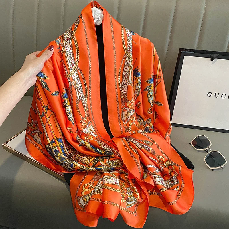 Fashion Print Large Shawl Wraps Silk Scarf Women Luxury Brand Satin Headband Hijab Bandana Turban Foulard Summer Beach Stoles