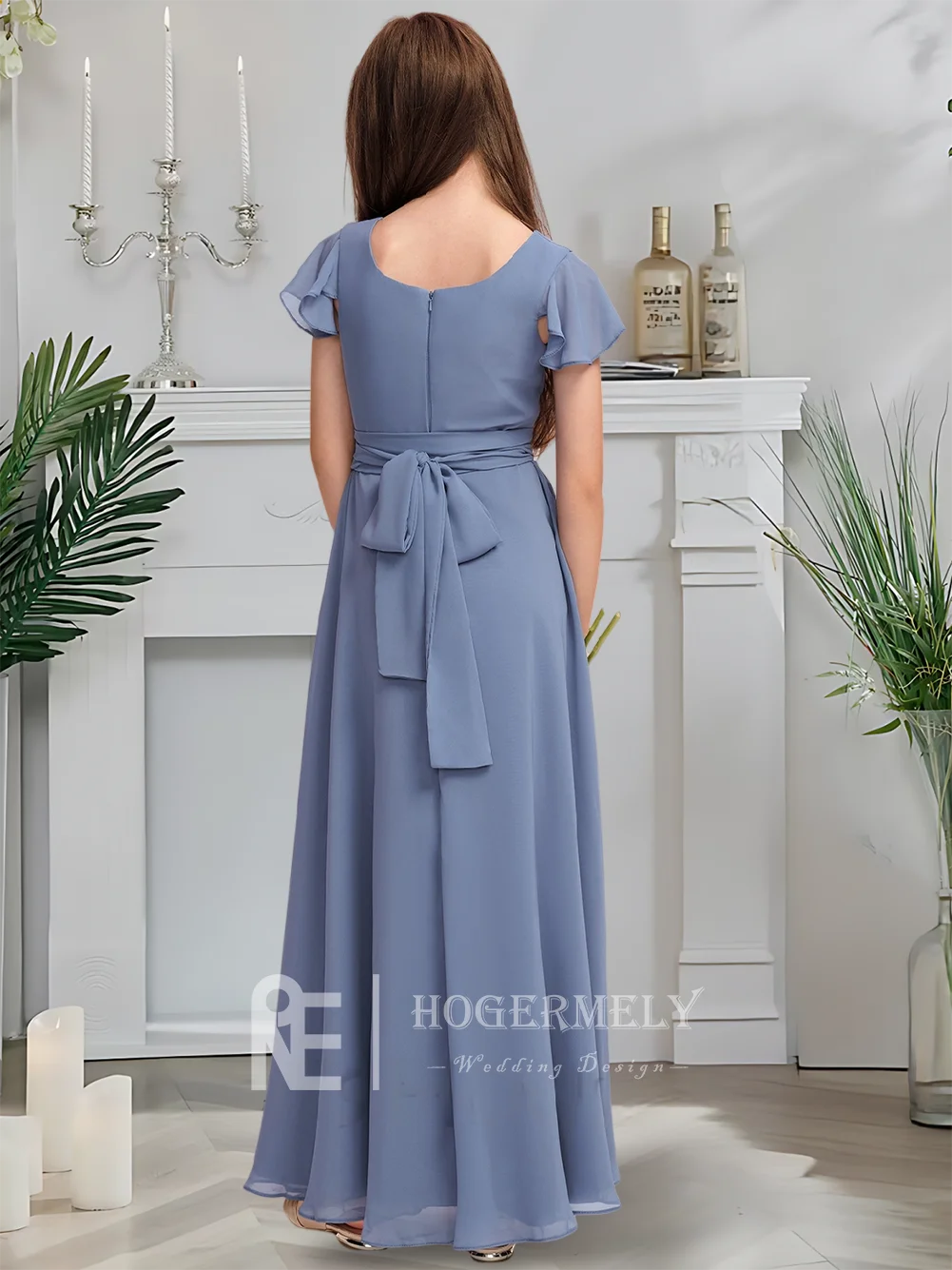 Gaun Pengiring Pengantin Junior Sifon Leher Persegi A Line Biru Panjang Lantai dengan Pita Selempang Ideal untuk Gaun Gadis Bunga Pesta Pernikahan Gow