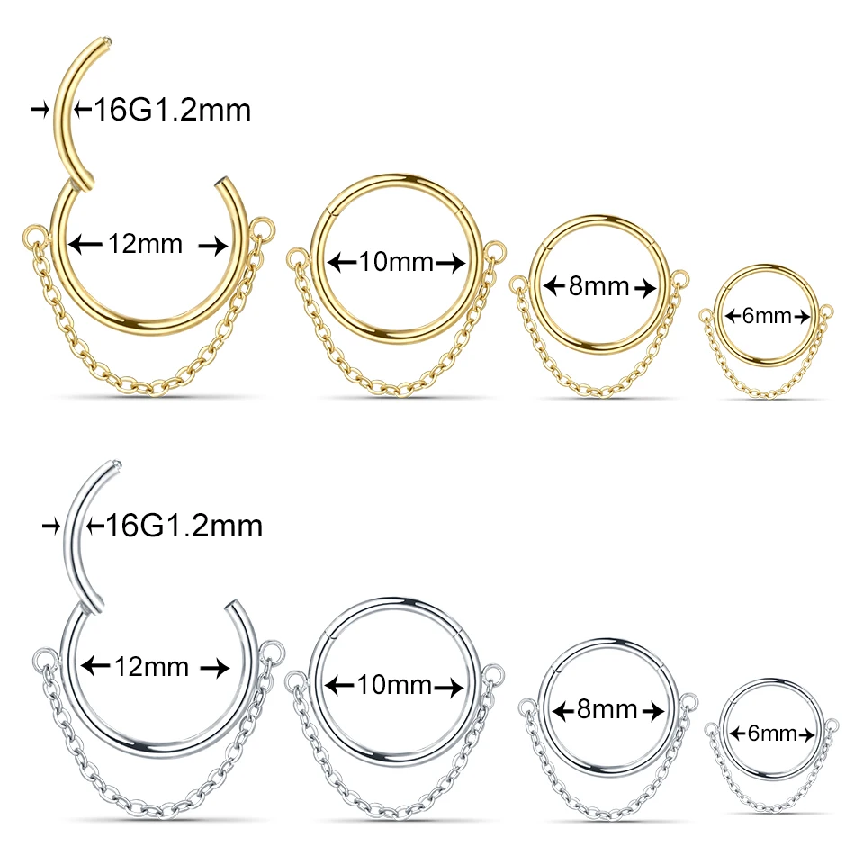 6-12mm Hinged Segment Clicker Septum Ring with Chain Stainless Steel Nose Ring Cartilage Earring Lobe Helix Piercing Body Jewery