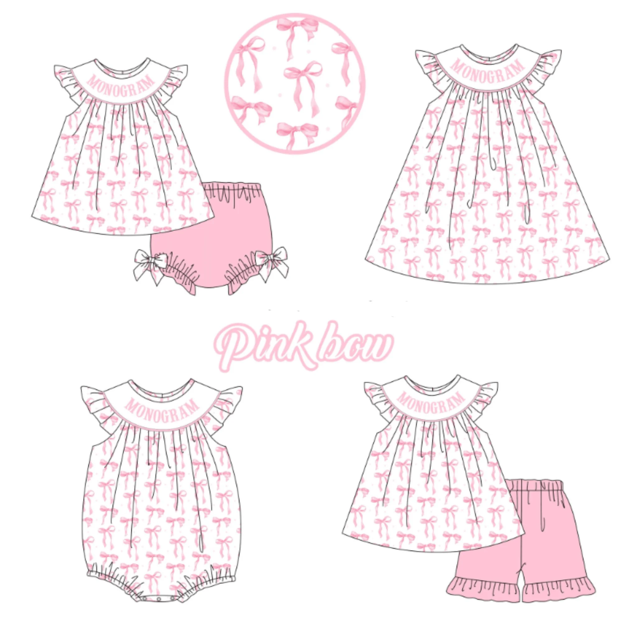 Girls Boutique Jumpsuit Dress with Small Flying Sleeves Customized Letter Print Bow Detail Lace Shorts Baby Children's Outfit