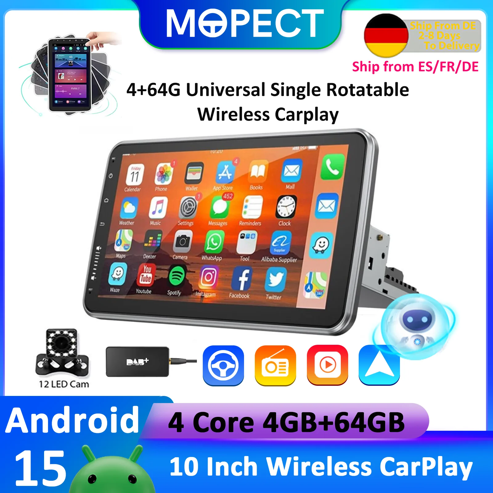 Autoradio universel 10 pouces Android 15, autoradio sans fil Carplay, écran rotatif, Bluetooth, récepteur radio FM, GPS, stéréo automobile