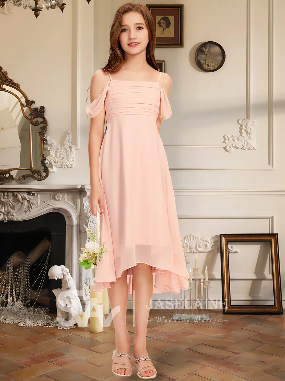 Асимметричное шифоновое платье трапециевидной формы с открытыми плечами для юных подружек невесты без рукавов с молнией сзади, платье с цветочным узором для девочек, торжественное свадебное платье