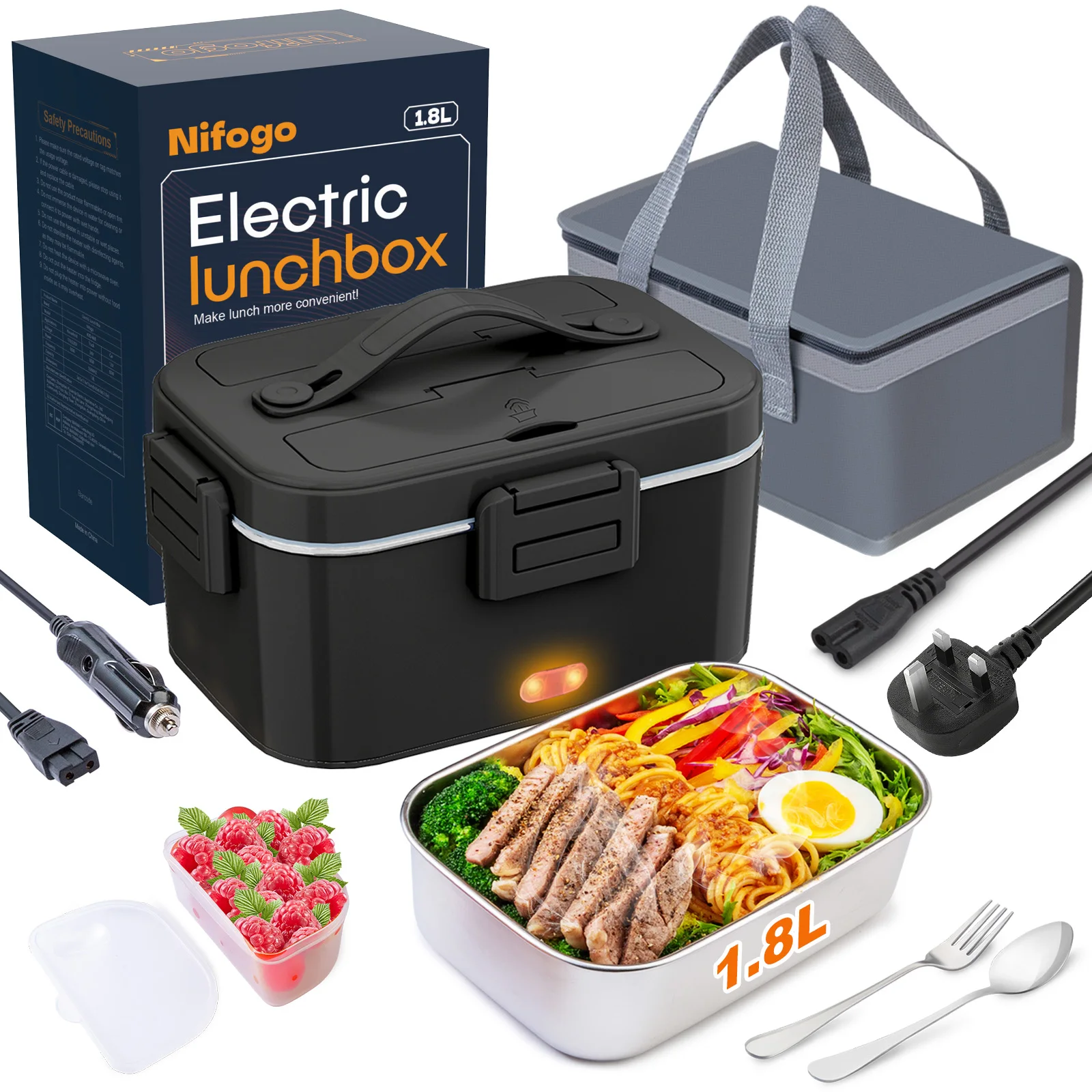 80W 1.8L Electric Lunch Box 12V/24V/230V Stainless Steel Removable Portable Insulated Heat Box with Bag, Fork & Spoon