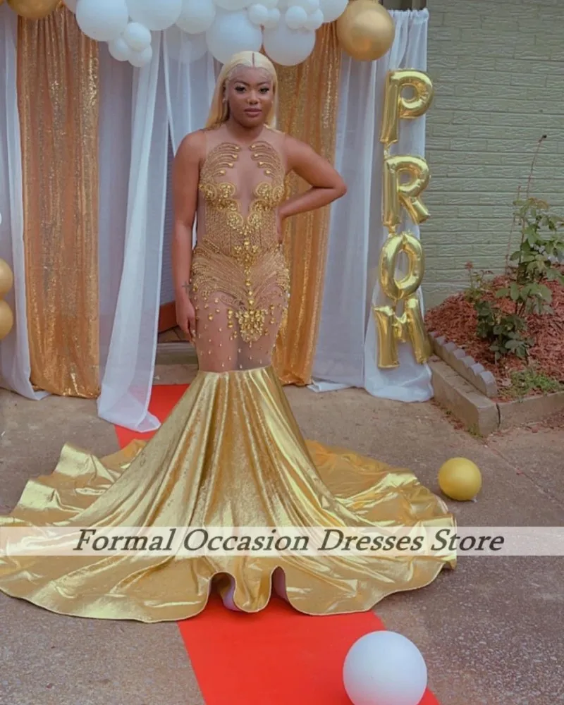 Customized Gold Prom Dresses 2025 Black Girls Crysatl Mermaid Party Gowns Long See Through African Women Evening Dress