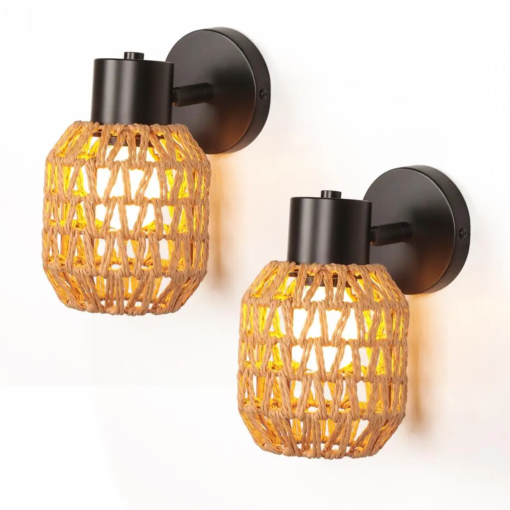 الرجعية حبل القنب المنسوجة الجدار الشمعدان خمر الجدار ضوء الإضاءة الروطان النسيج أباجورة بار غرفة المعيشة غرفة نوم ديكور المنزل E27 #1