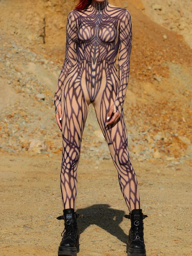 Halloween kobiety seksowny psychodeliczny kombinezon z siateczką festiwal Party siateczkowe body Rave strój płonący mężczyzna Catsuit unikalny Morphsuit nowość — zdjęcie 2
