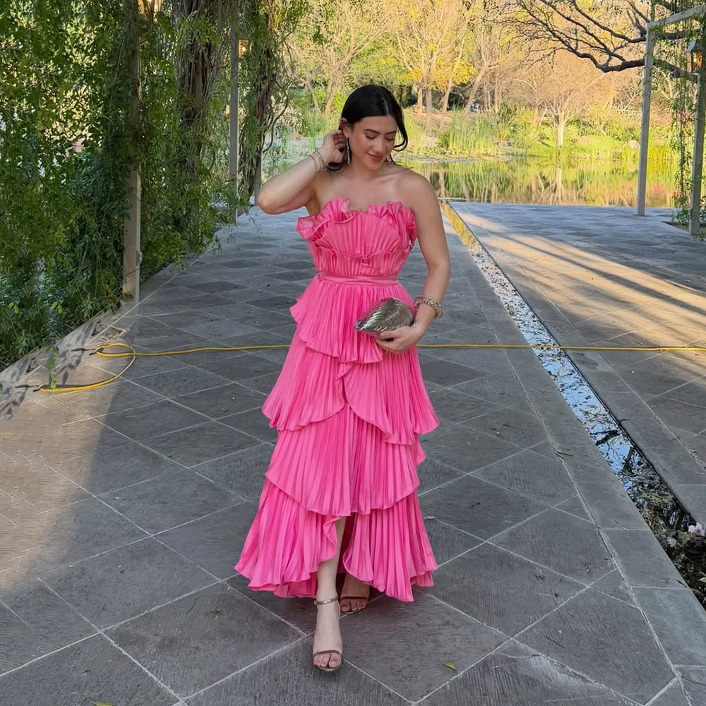 

Galarity Customized Pink Strapless Pleated Prom Dress 2026 Ruffle Tiered Party Dress Formal Evening Gown Wedding Guest Dress