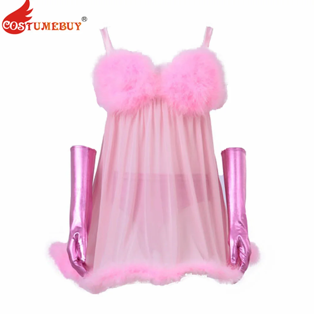 CostumeBuy Austin Powers Fembot Cosplay Costume Women's Sexy Feather Lingerie Set Dress with Gloves Halloween Costume