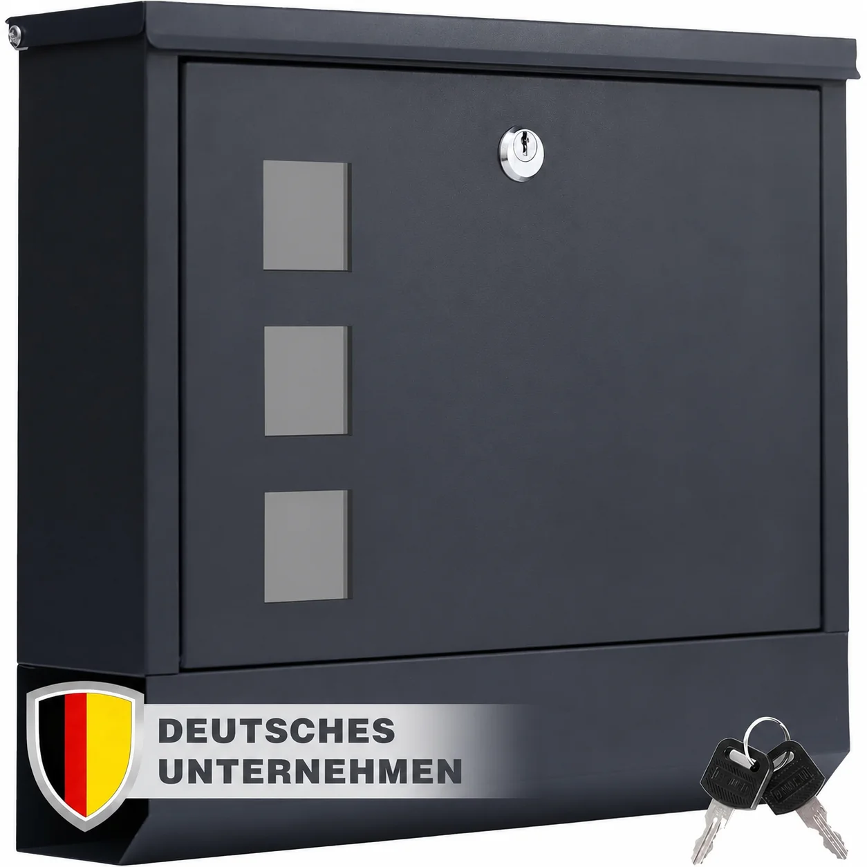 XL Wandbriefkasten Anthrazit mit Zeitungsfach, Metall Briefkasten mit Schloss, Sichtfenster, Wetterfest, für DIN C4, inkl. 2 Schlüssel, Wandmontage