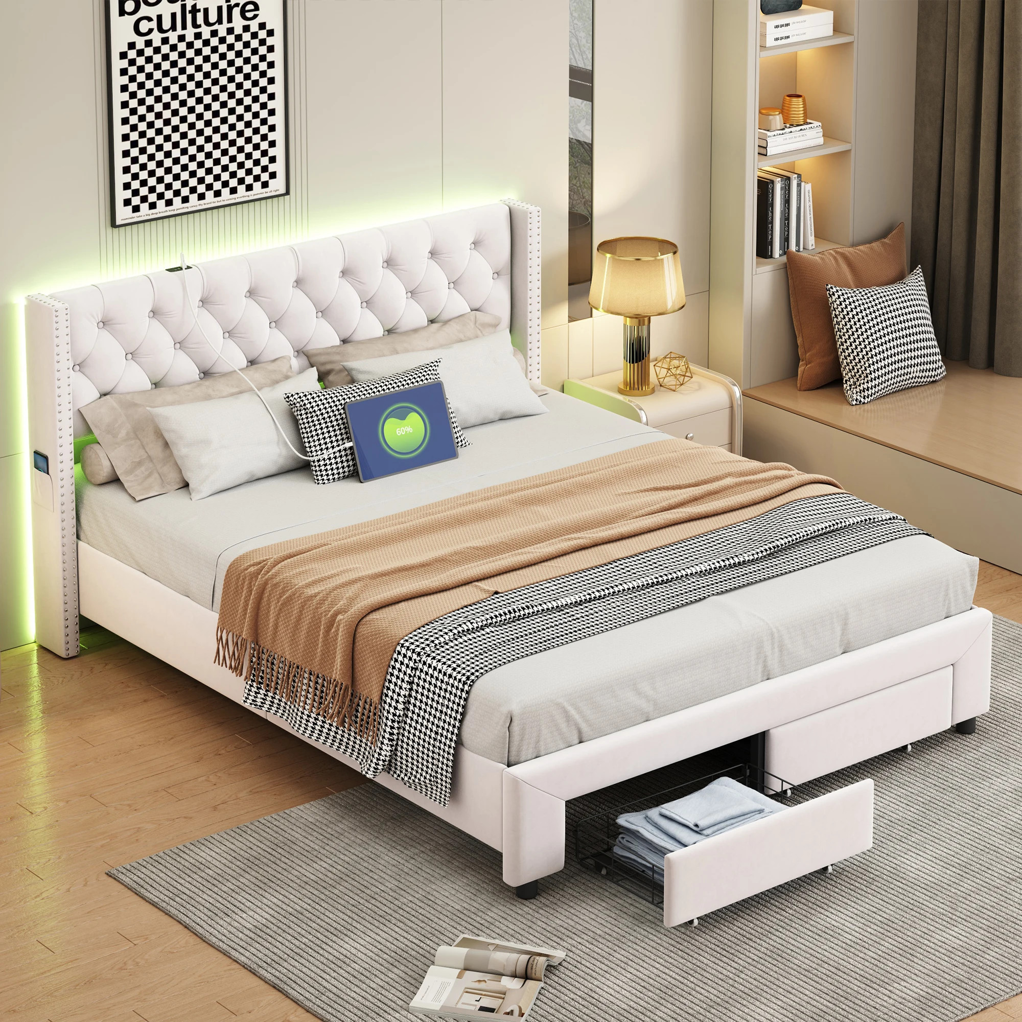 Superaly Cama para adultos de 140/160×190/200 cm con luces LED y puertos de carga, cama doble tapizada con 2 cajones, tela de terciopelo