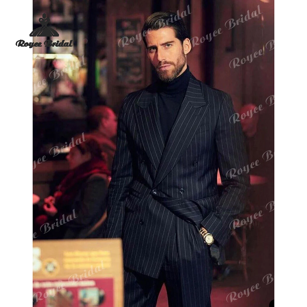 

Peak Lapel Two Piece Double Breasted Men's Suit Wedding 2026 Striped Slim Fit Office Tuxedos costume homme mariage