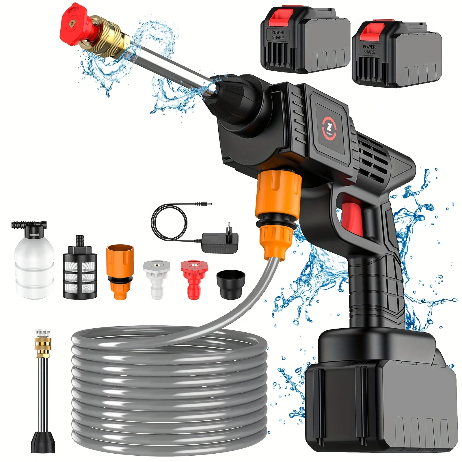 Pistolet à eau portable haute pression pour lavage de voiture, avec 2 batteries et un tuyau de 5 mètres, utilisé pour nettoyer les voitures et les terrasses.