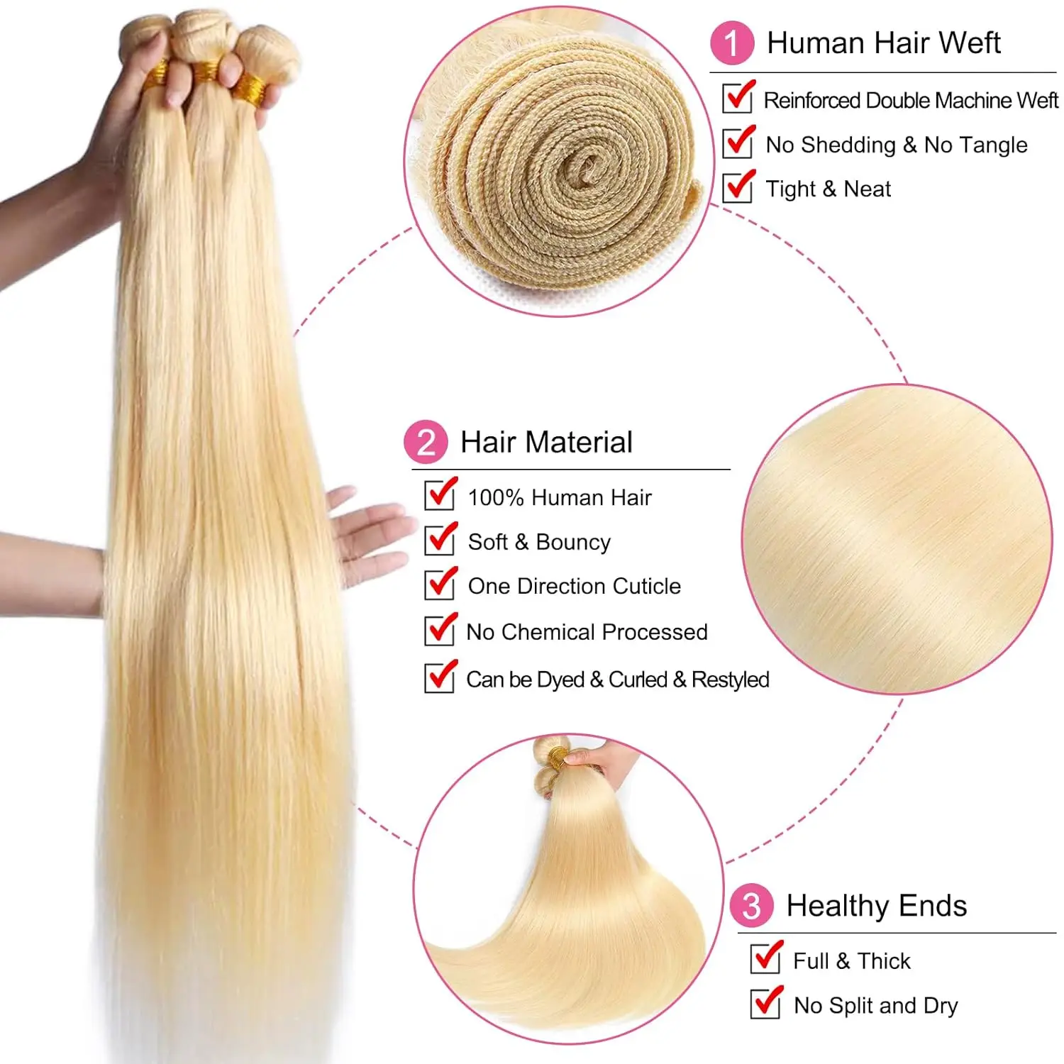 Extensiones de cabello humano Natural para mujer, mechones de cabello humano virgen, 613 Rubio, brasileño, liso, 3 uds.