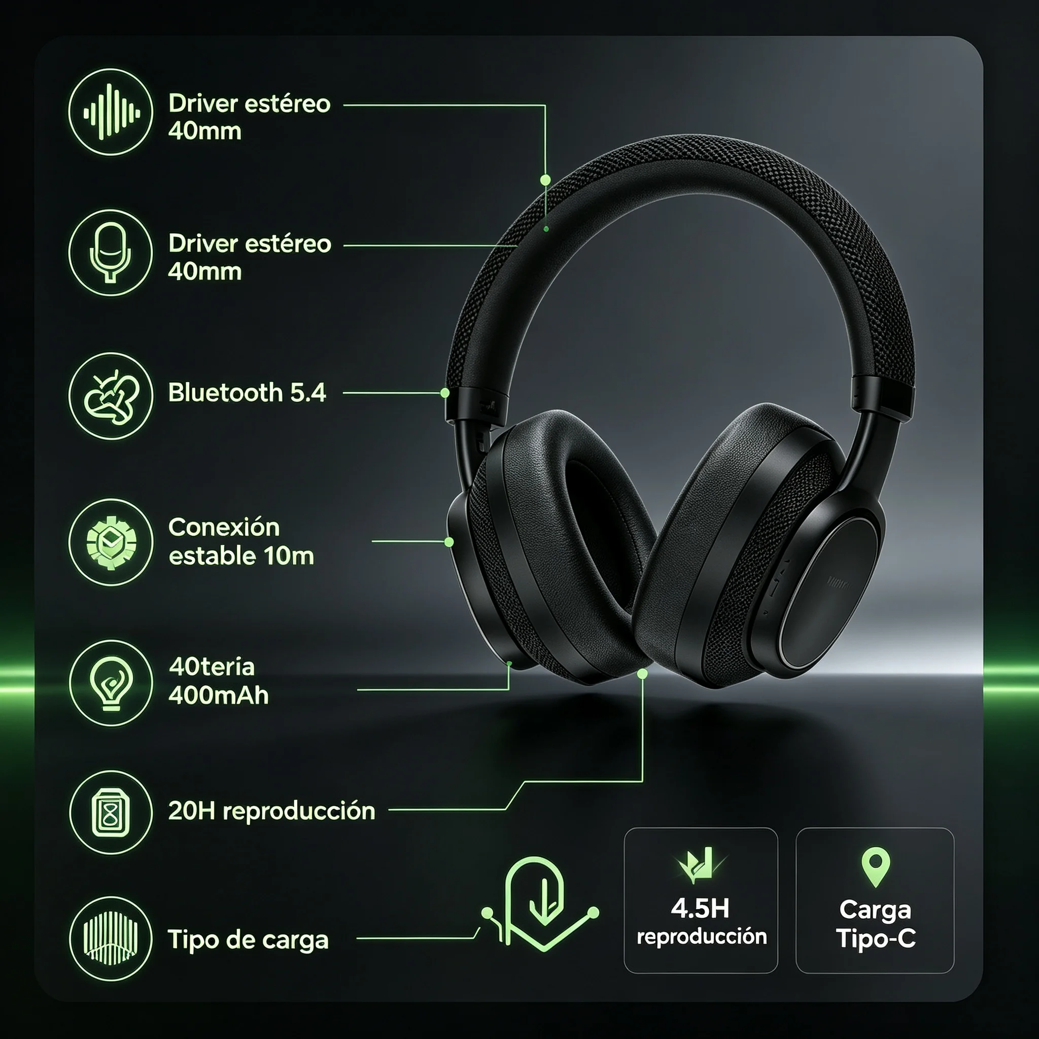 Auriculares Diadema Bluetooth Inalámbricos, Altavoces Estéreo de 40mm, Autonomía de 20 Horas, Carga Type-C, Bluetooth 5.4 con Estuche Protector, para Música y Llamadas