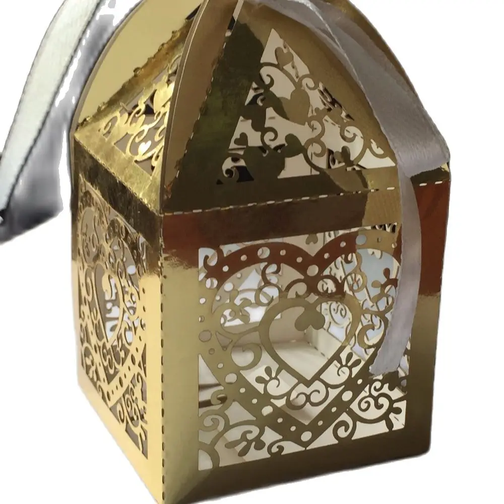 10pcs Laser Cut Heart Wedding Favor Boxes,Baby Shower Chocolate Gift Box,Metallic Gold Wedding Candy Packaging Box Decoration - Detail 1
