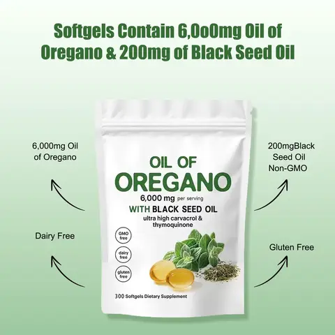 Oregano Oil & Black Seed Oil Herbal Softgels, All Natural Dietary Supplement 300 Capsules